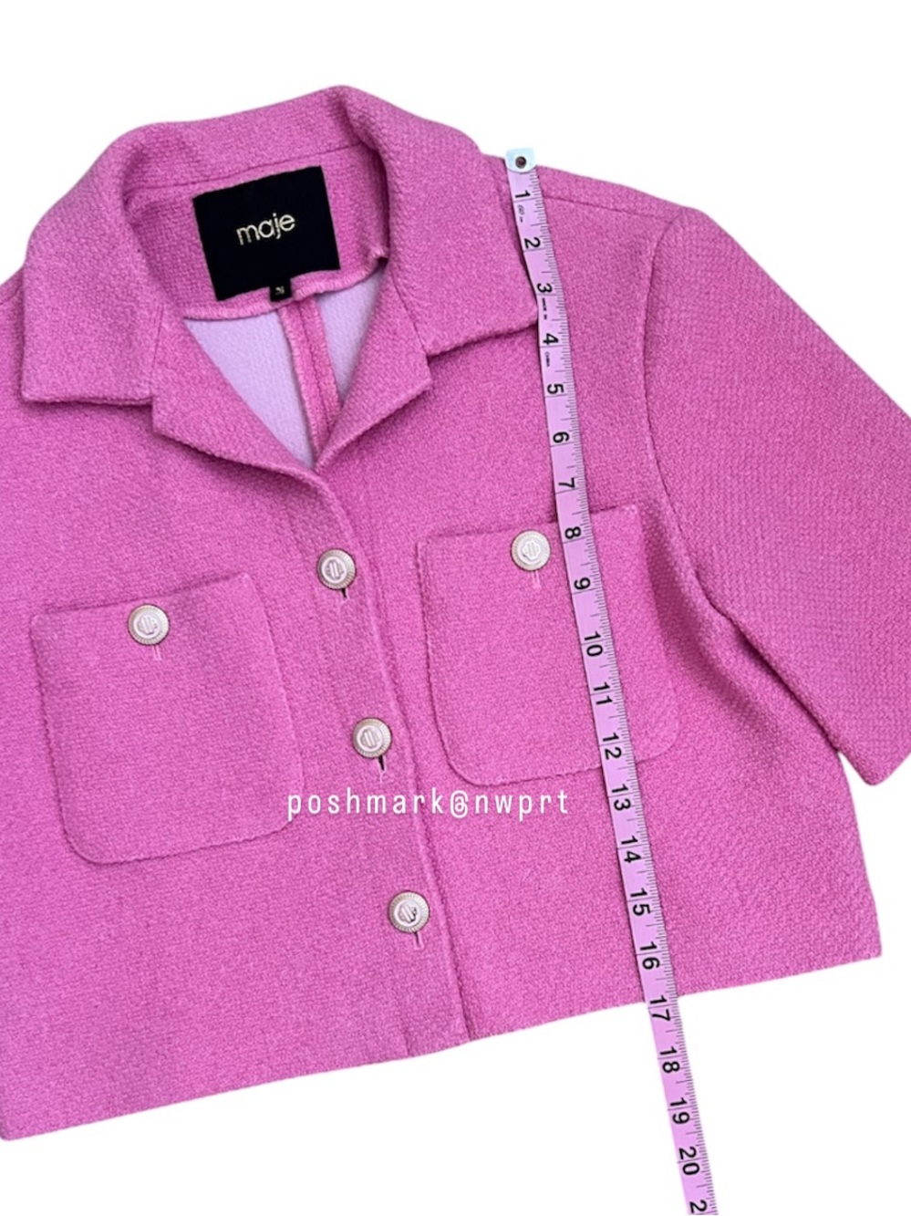 MAJE 💓 Vapela Tweed Jacket Pink Button Front Top Blazer 36 1 S Small XS - Picture 9 of 13